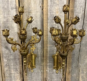 Pair Of Vintage French Style Gold 10-Light Solid Wall Sconces; Working. 13"X19"