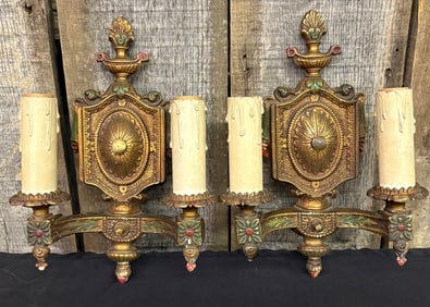 Pair Of Antique Art-Deco Cast Iron - Polychrome Wall Sconce Lights 1920-30's 8"X11.5"