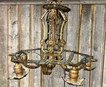 Antique Art-Deco Polychrome Highly Decorated 5 Light Chandelier 20"X20"