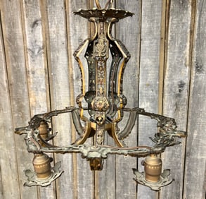 Antique Art-Deco Polychrome Highly Decorated 5 Light Chandelier 20"X20"