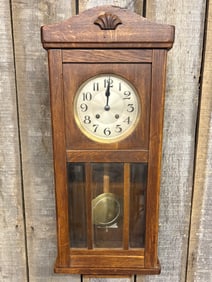 Antique German Oak 8 Day Wall Clock; Late 1800's. 8"X12"X31"