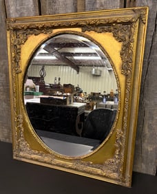 Beveled Round Mirror In Ornate Gold Gilded Frame 26"X30"