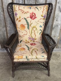 Bar Harbor Style Wicker Parlor Chair With Book Holder On Sides With Original Upholstery 27"X31"X44"