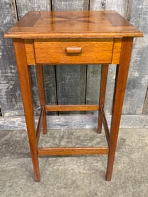 Antique Oak Arts And Crafts Style Inlaid Decorated One Drawer Side Table 18"X18"X31"