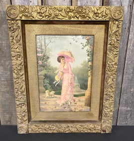 Antique Framed Lithograph Of An Elegant Young Lady In Garden, Wearing A Pink Dress With A Small Dog