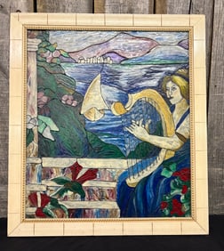 Vintage Framed Stained Glass-Style Hand Painted Art Glass With Woman Playing Harp By The Cliffside
