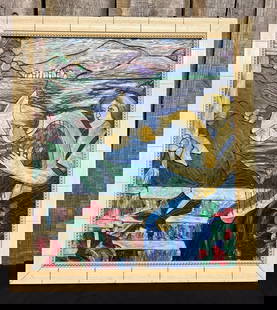 Vintage Framed Stained Glass-Style Hand Painted Art Glass With Woman Playing Harp By The Cliffside: Vintage Framed Stained Glass-Style Hand Painted Art Glass With Woman Playing Harp By The Cliffside Depiction; Measuring 25"X27.5"