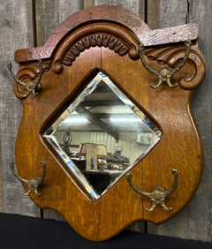 Antique VIctorian Quarter Sawn Tiger Oak Wall Mirror With Beveled Mirror And Brass Hangers 24"X28"