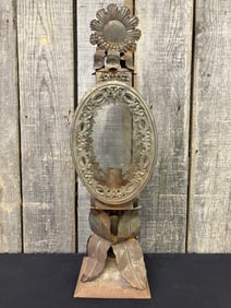 Baroque Mexican Tin Lantern - Early Decorated Metal Lamp; Measuring 9"X9"X29"