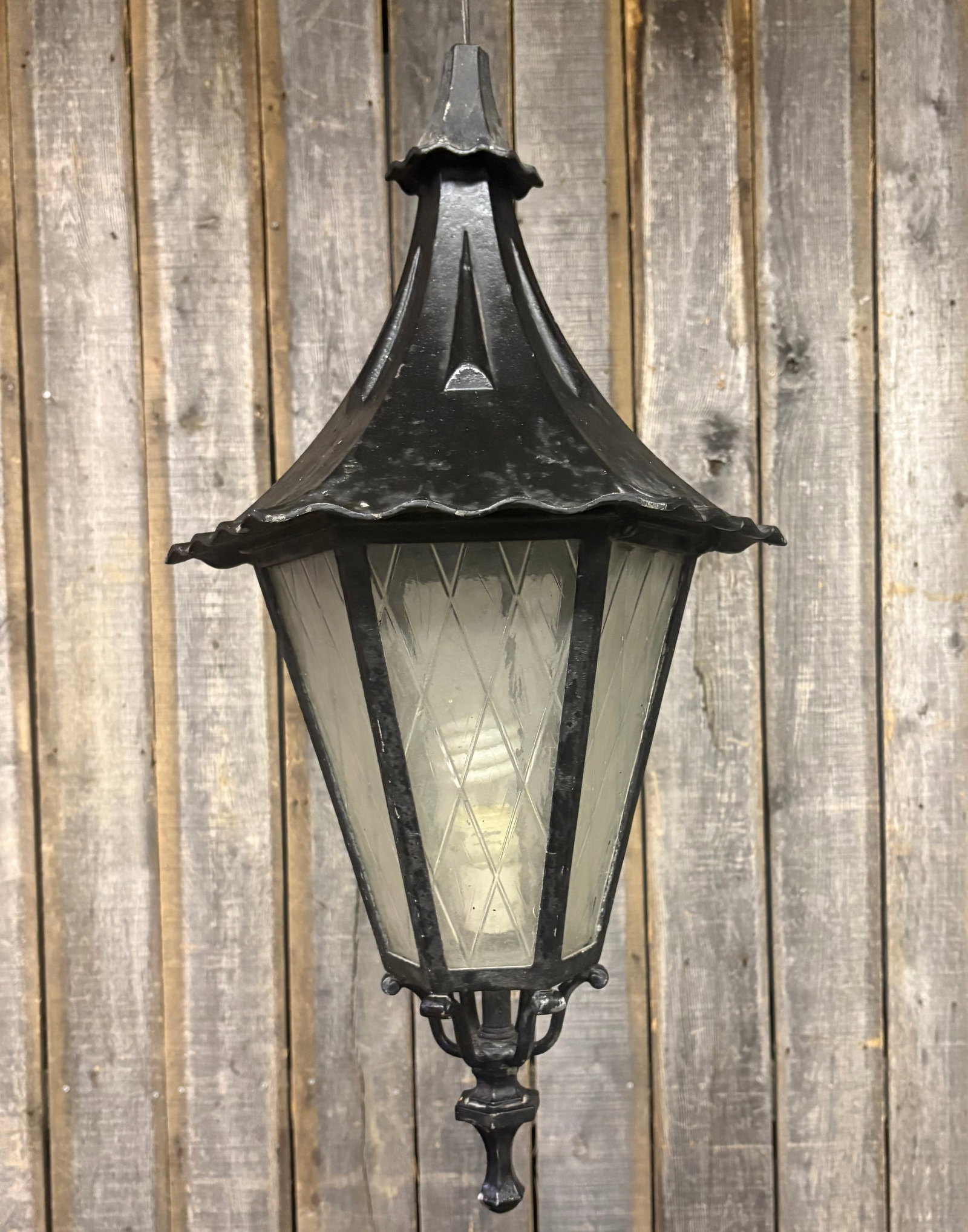 20th Century Hanging Lantern With Glass Panels 15"X30": 20th Century Hanging Lantern With Glass Panels 15"X30"