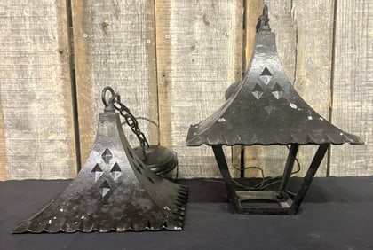Pair Of Early Hanging Black Metal Pendant Light Fixtures; As Pictured. 10"X10"X16"