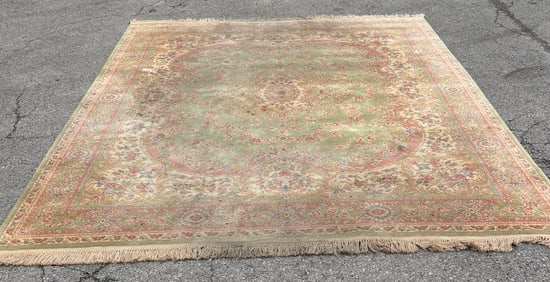8.6X10.6 Karastan Rug Green Medallion Kirman #730 All Wool Face - Worsted Yarn; Some