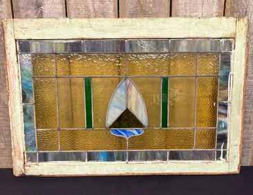 Antique Leaded And Stained Glass Window With Wooden Frame Measuring 36"X24"
