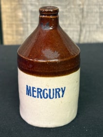 Miniature Stoneware Two Tone Mercury Medical Crock 3"