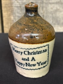 Merry Christmas And A Happy New Year Decorated Miniature Stoneware Crock Jug 4"