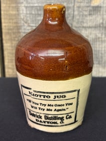 Misprint Motto Jug Detrick Distilling Co. Dayton, O. Miniature Stoneware Crock Jug 3"X5"