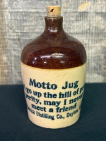Miniature Stoneware Cobalt Decorated Crock Motto Jug; Detrick Distilling Co. Dayton, O. 2.5X4.5"