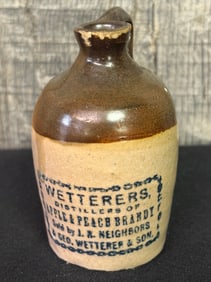 Early Miniature Stoneware Crock Jug Wetterers; Distillers Of Apple And Peach Brandy 3"