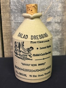 Miniature Decorated Stoneware Pottery Crock Jug; Salad Dressing, Child's Cash Shoe Store, Marked