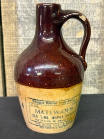 Early Miniature "Matewan's Old Time Maple Syrup" Stoneware Crock Jug, West Virginia, "It's Pure