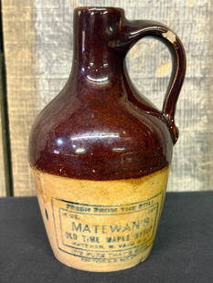 Early Miniature "Matewan's Old Time Maple Syrup" Stoneware Crock Jug, West Virginia, "It's Pure: Early Miniature "Matewan's Old Time Maple Syrup" Stoneware Crock Jug, West Virginia, "It's Pure That's Sure" 3.5"X6.5"