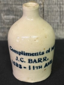 Miniature Stoneware Pottery Crock Jug Cobalt Decorated "Compliments Of J.C. Barr 1633 11th Ave." 3"