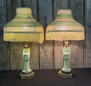 Pair Of Asian Figural Decorated Table Lamps With Shades; One Lamp With Repair. 11"X16"X29"