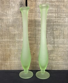 Pair Of Frosted Green Glass Bud Vases - Fenton Style; Measuring 2"X9"