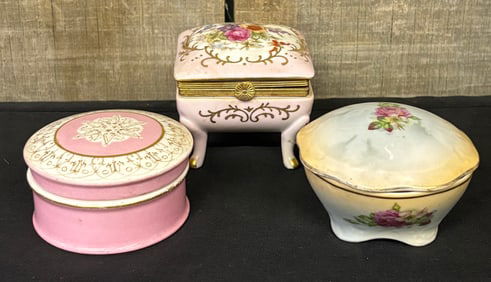 Lot Of 3 Early Porcelain Dresser Boxes With Floral - Pink Decoration 3"X3"X3"
