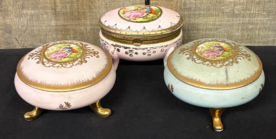 Lot Of 3 Porcelain Decorated Footed Dresser - Trinket Boxes 3"X3"X3"