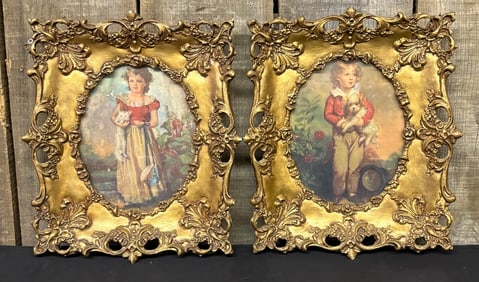 Pair Of Early Portraits In Antique Carved Golden Frames 11"X13"X2"
