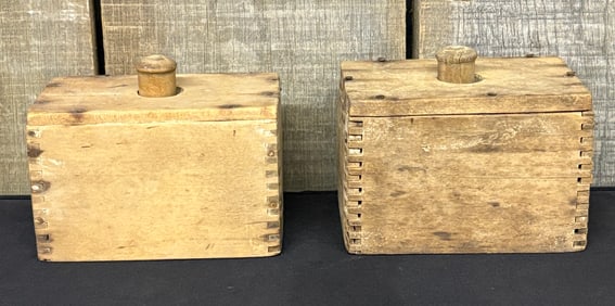 Pair Of Early Primitive Wooden Butter Molds 4"X6"X5"