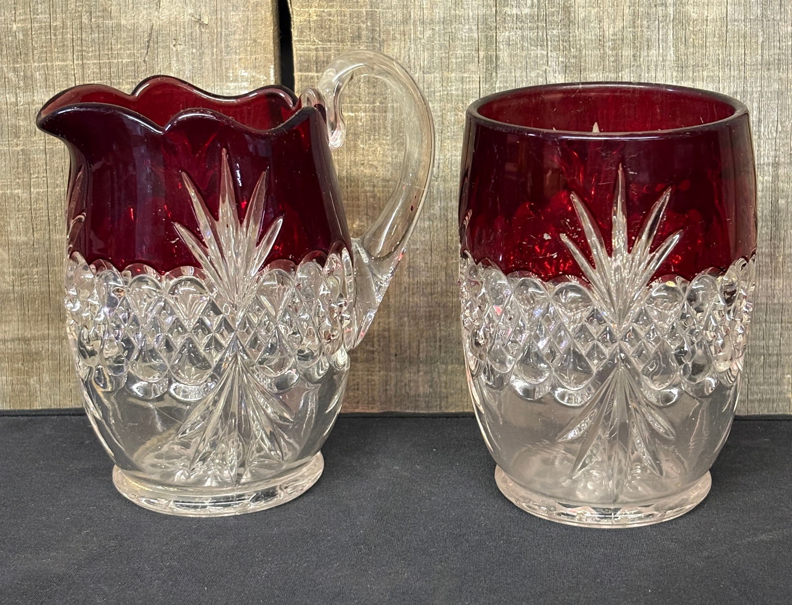 C. 1894 EAPG Ruby Red To Clear Cream And Sugar 3"X5"X6": C. 1894 EAPG Ruby Red To Clear Cream And Sugar 3"X5"X6"