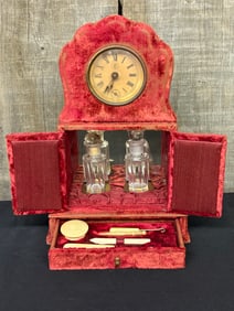 Antique Red Velvet Vanity Set With Clock, Glass Decanters, Beauty Tools 4"X7"X10"