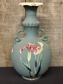Antique Floral Painted Pottery Vase 6"X6"X13"