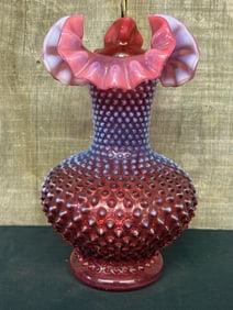 Fenton Hobnail Cranberry Opalescent Glass Ruffled Edge Vase 6"X6"X11"