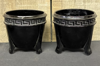 Vintage Art Deco LE Smith Black Amethyst Glass Greek Key Flower Cache Pot - Footed; Measuring