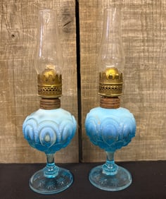 Pair Of Early Blue Petite Oil Lamps - PA Mfg. Co. 3"X3"X9"