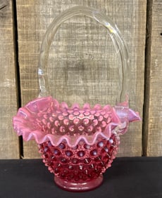 Fenton Hobnail Cranberry Opalescent Glass Ruffled Edge Basket 6"X6"X9"