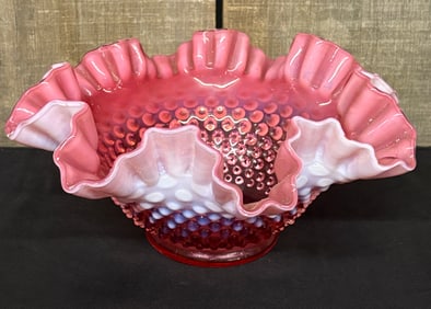 Vintage Fenton Cranberry Opalescent Hobnail Bowl With Ruffled Edge 9"X9"X5"