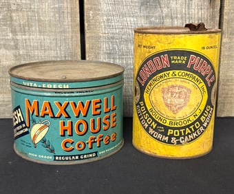 Maxwell House Coffee Tin With London Purple Poison For The Potato Bug Tin 5"X4"