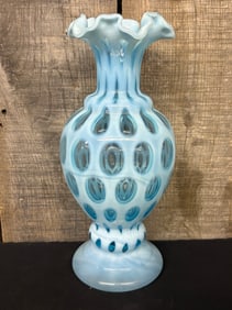 Large Early Fenton Coin Dot Aqua Blue Optic Art Glass 5"X5"X13"