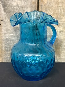 Large Fenton Cobalt Blue Thumbprint - Coin Dot Style Glass Pitcher 6"X7"X10"