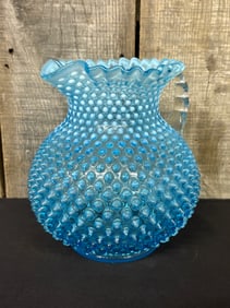 Fenton Blue Opalescent Hobnail Glass Pitcher 7"X8"X9"