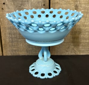 Blue Milk Glass Footed Bowl - Pedestal Fruit Bowl 9"X9"X8"