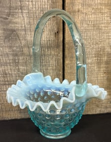 Vintage Fenton Blue Opalescent Hobnail Glass Basket 6"X6"X8"
