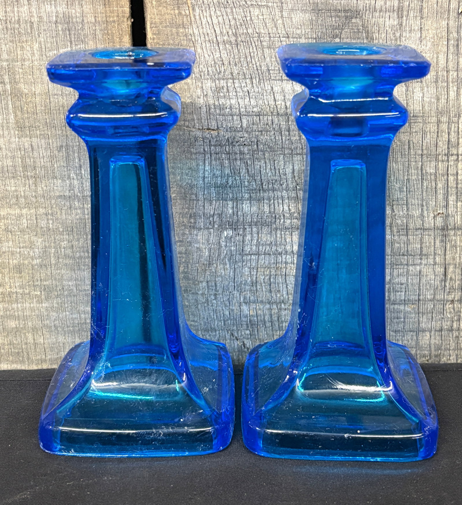 Vintage Set Of Mosser Aqua Marine Mercury Blue Glass Taper Candle Holders 3"X7": Vintage Set Of Mosser Aqua Marine Mercury Blue Glass Taper Candle Holders 3"X7"