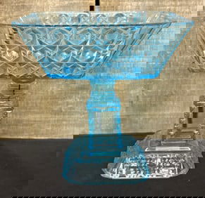 EAPG Vintage Ice Blue Glass Pedestal Square Compote Bowl 7"X7"X8"