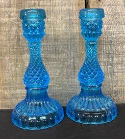 Pair Of Blue Hobnail Pressed Glass Candle Holders 3"X3"X5"