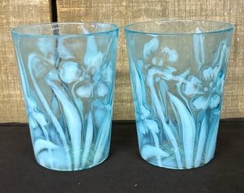 Rare Pair Of 1903 Northwood Glass Co. Daffodil Blue Opalescent Glass Tumblers 2.5"X4"